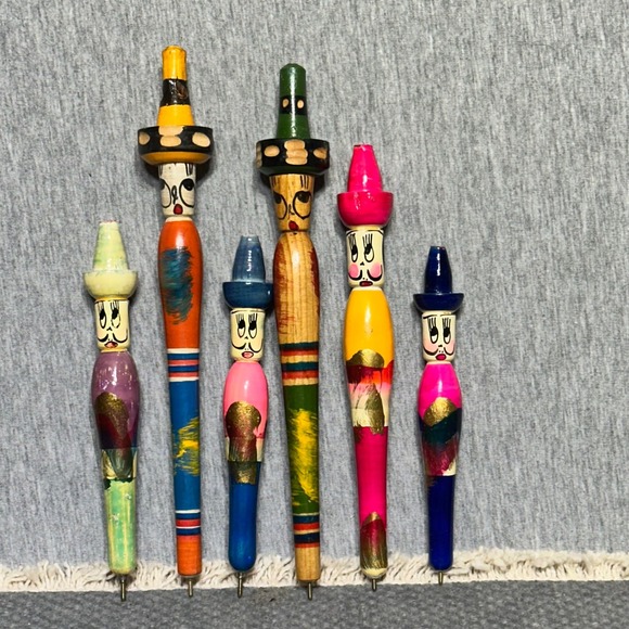 Unbranded Other - Vintage Mexican Folk Art Wooden Pens Hand Painted Sombrero Character Set of 6